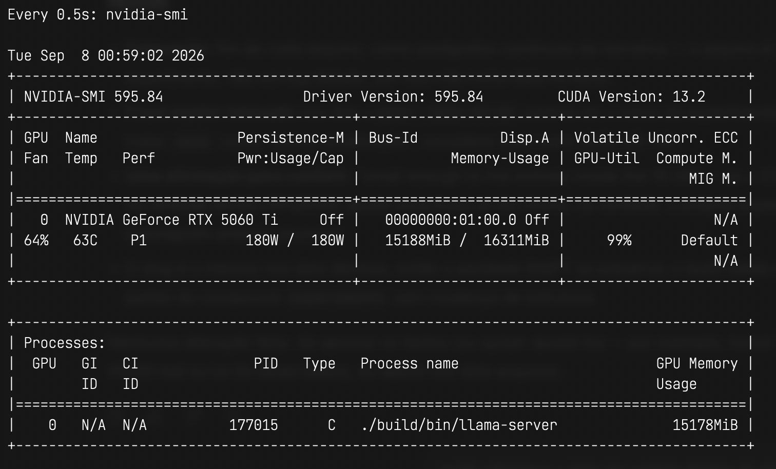 nvidia-smi on the RTX 5060 Ti during the session
