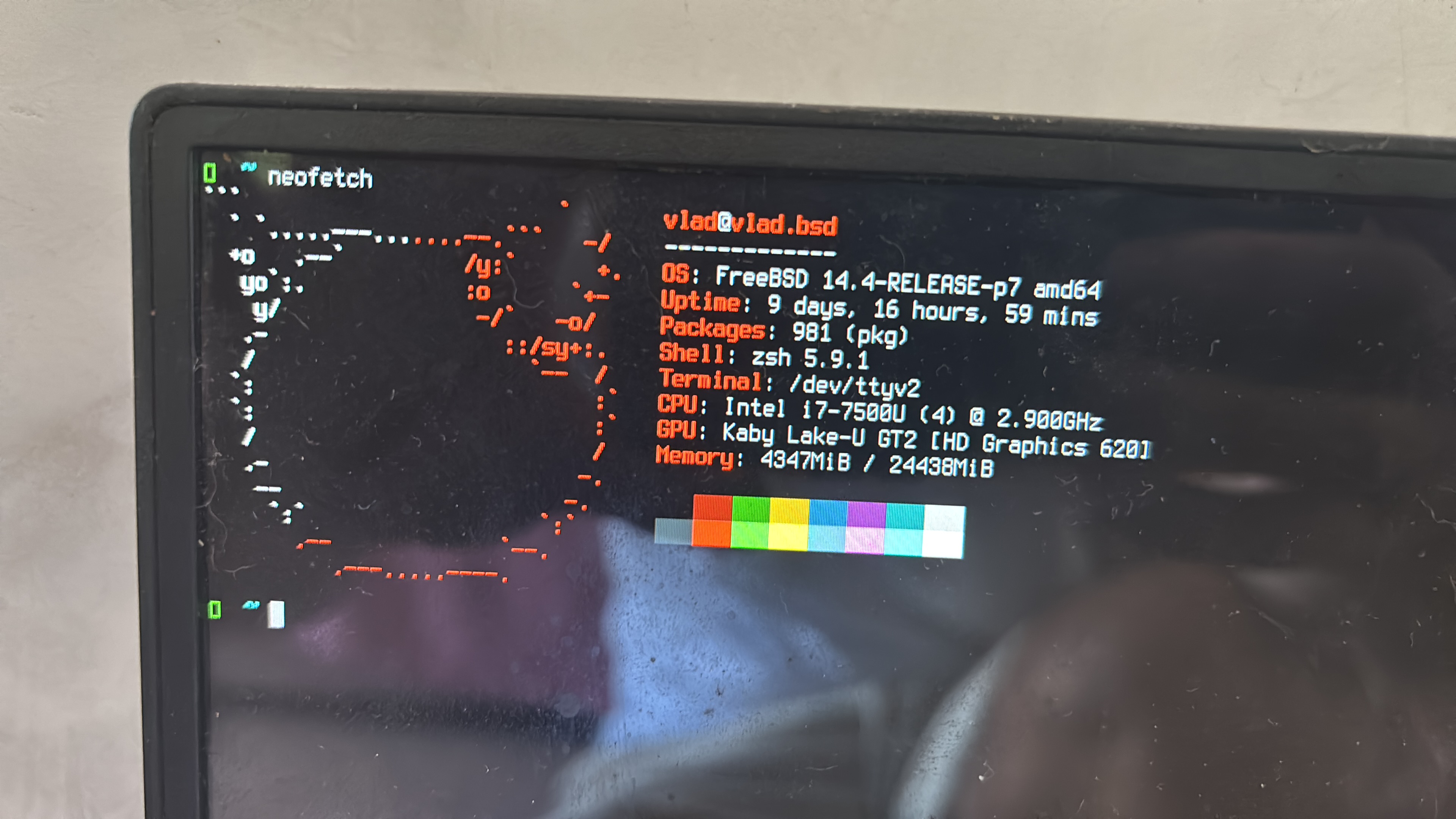 A neofetch system information screen on an old laptop