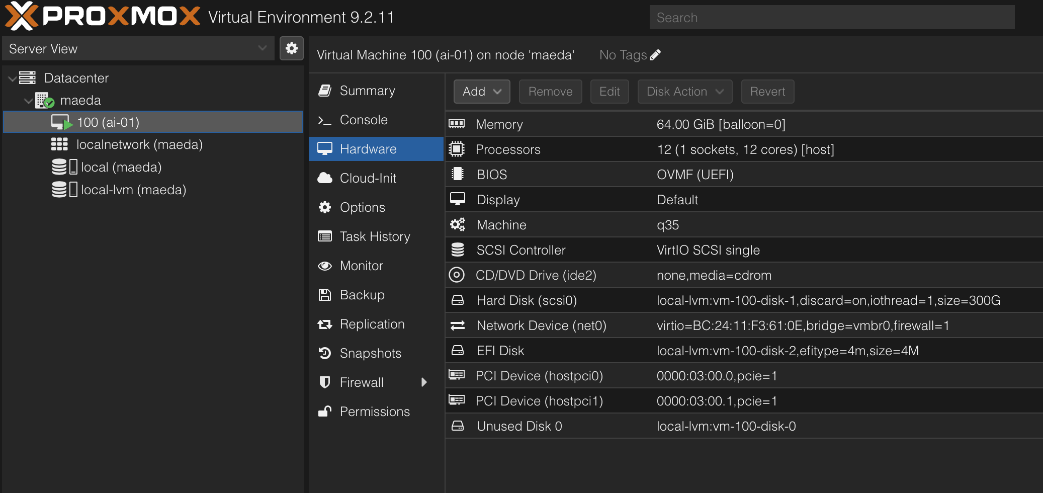 Proxmox screen highlighting ai-01 hardware: Linux, 12 cores, 64 GB RAM, 300 GB LVM