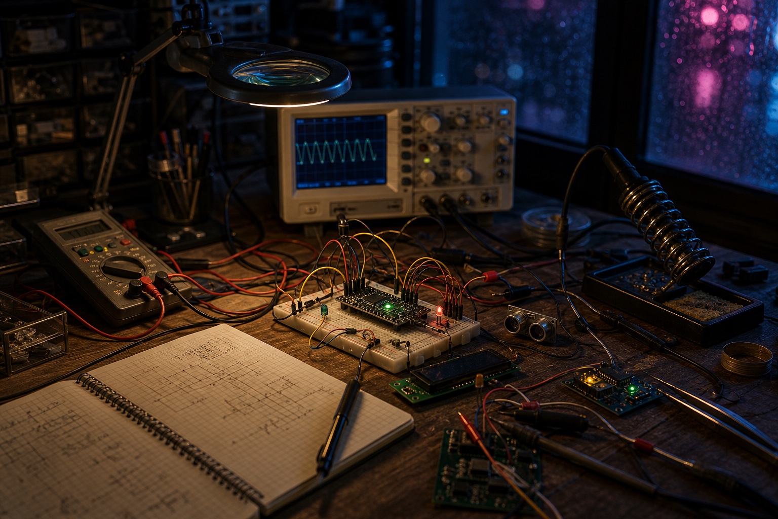 An electronics prototype surrounded by test equipment on a wooden workbench