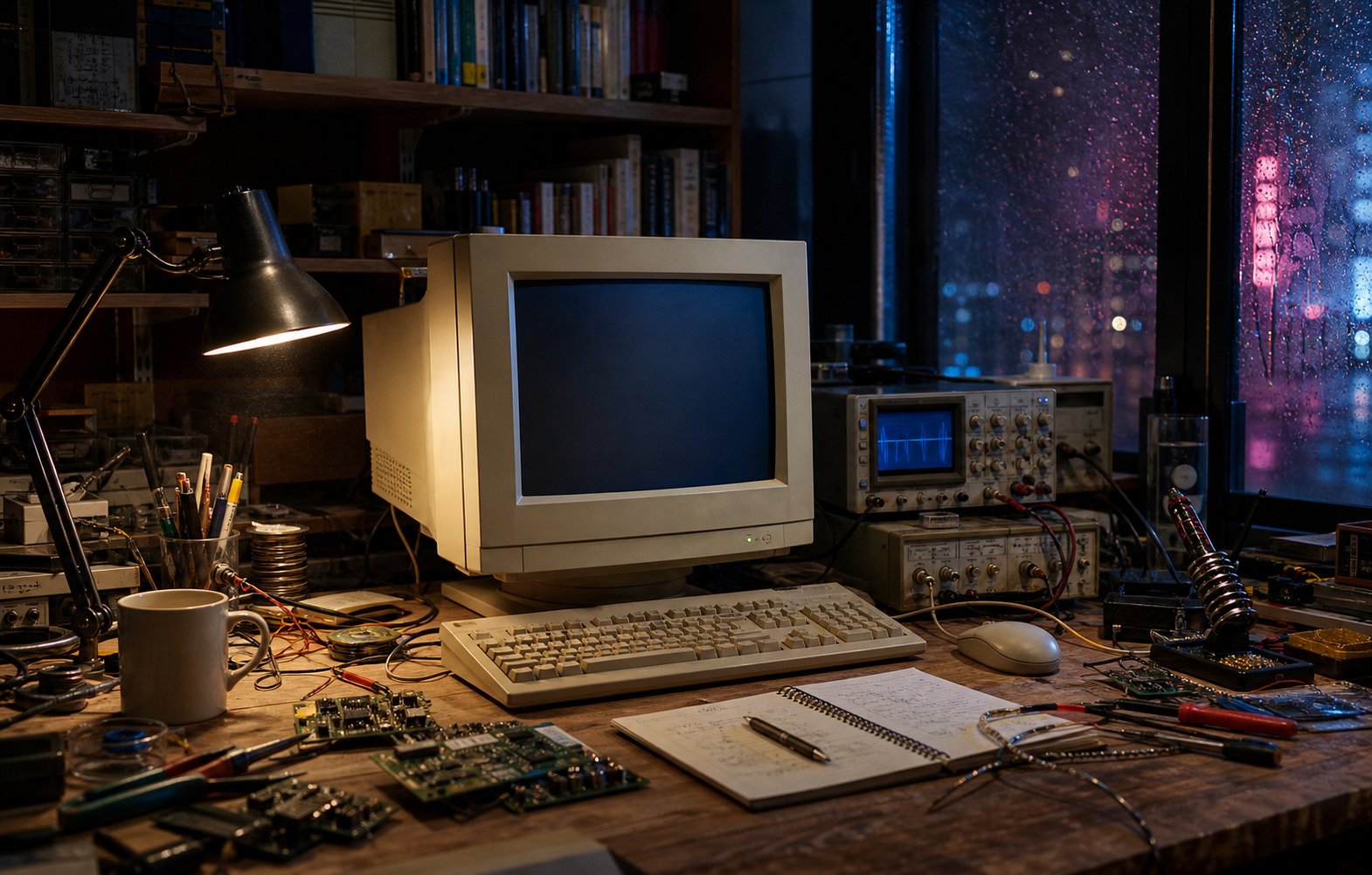 A computer workbench illuminated at night