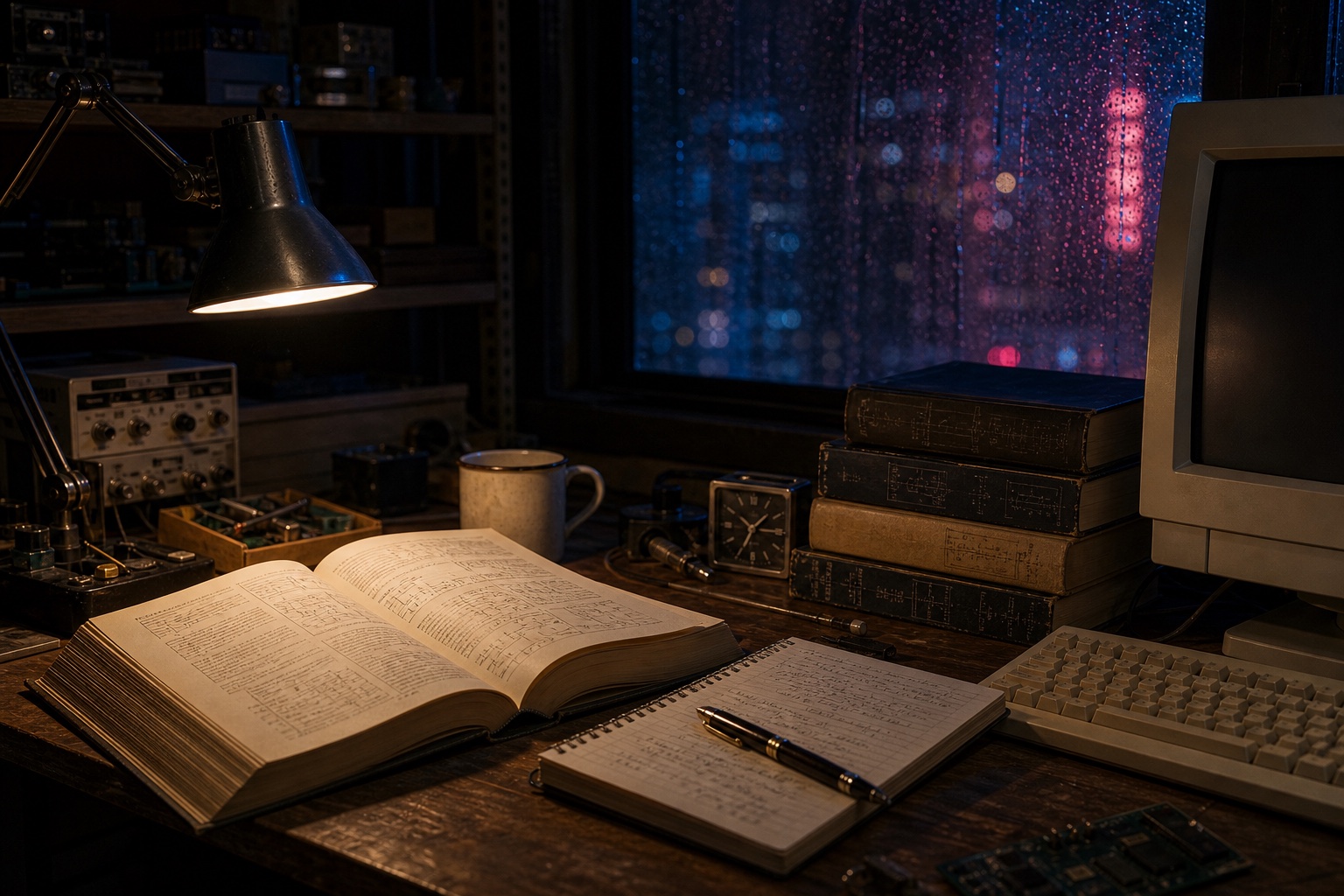 Open technical books and handwritten notes beside an old computer at night
