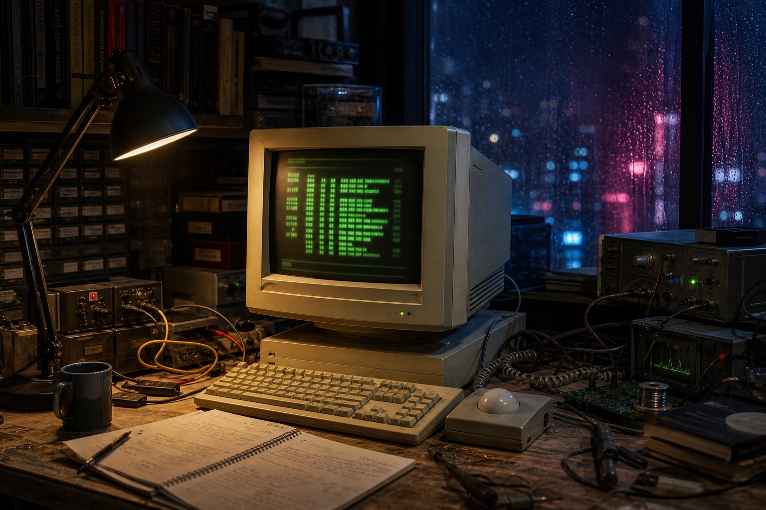 A beige CRT workstation glowing green in a rainy nighttime workshop